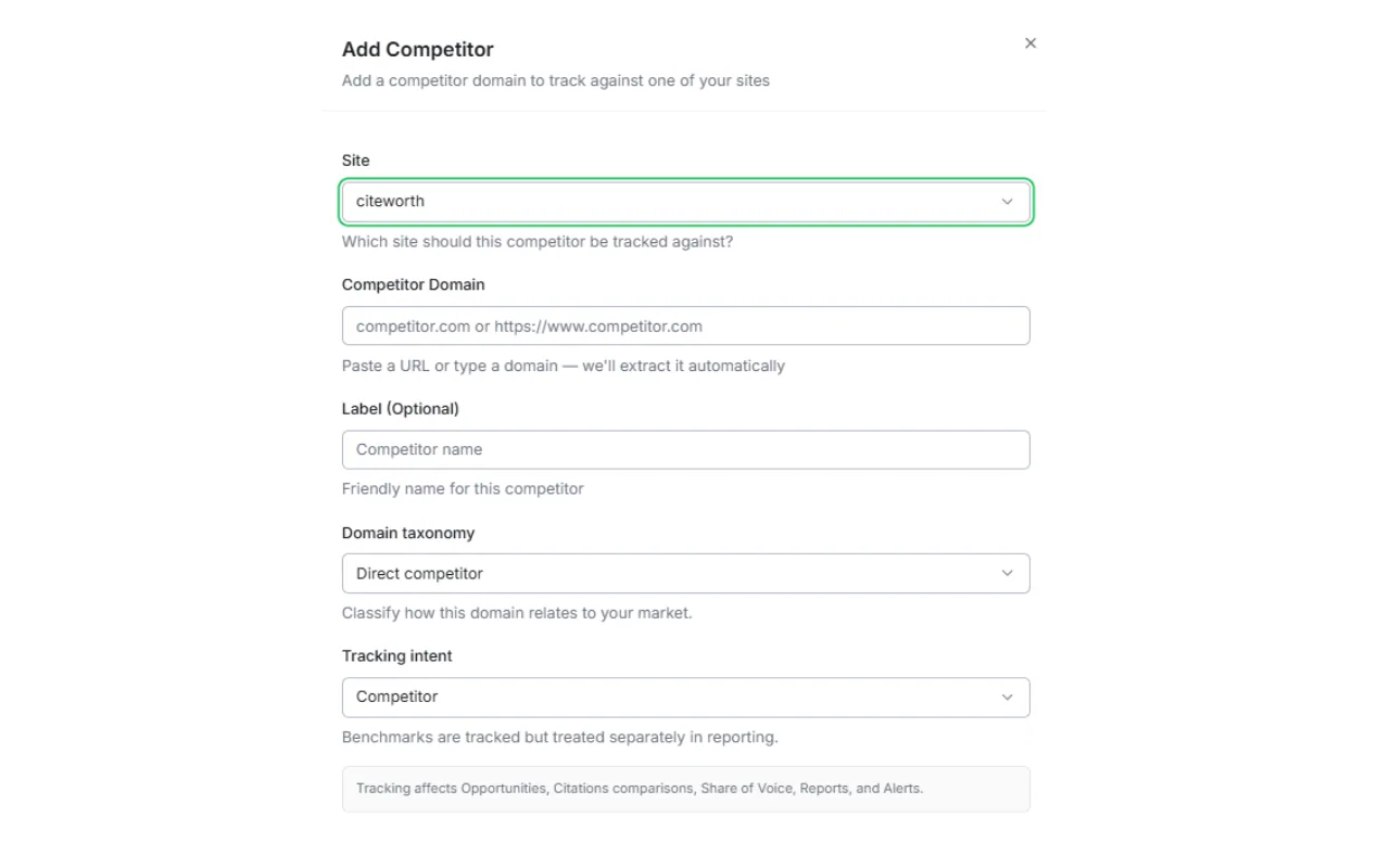 CiteWorth add-competitor form with domain fields for setting up side-by-side visibility tracking.