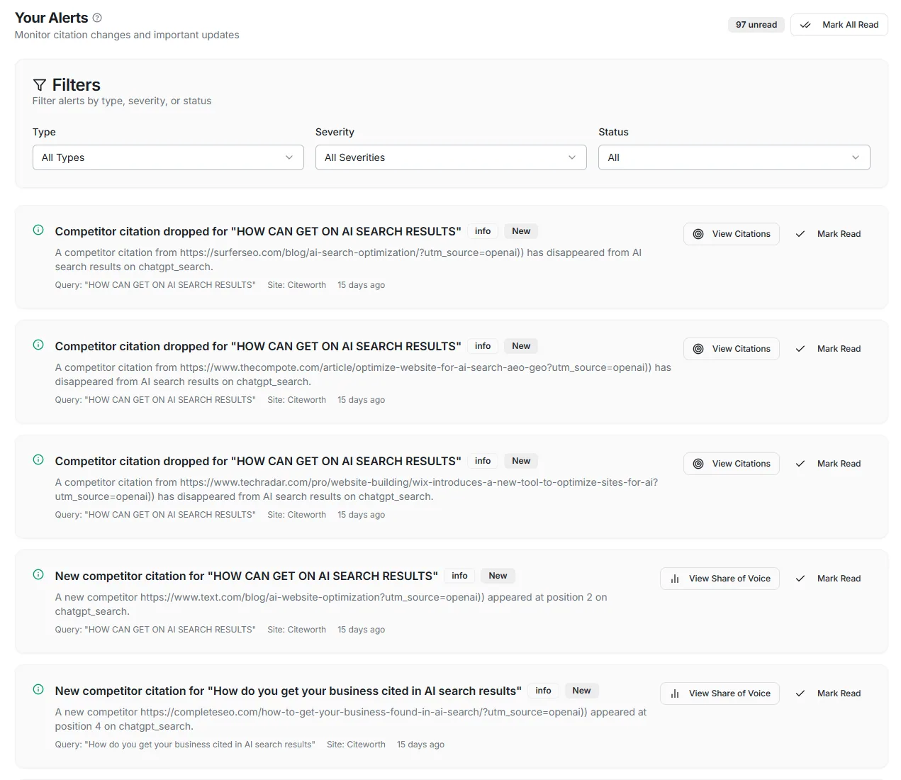 CiteWorth Alerts view showing new issues, regressions, affected runs and follow-up links.