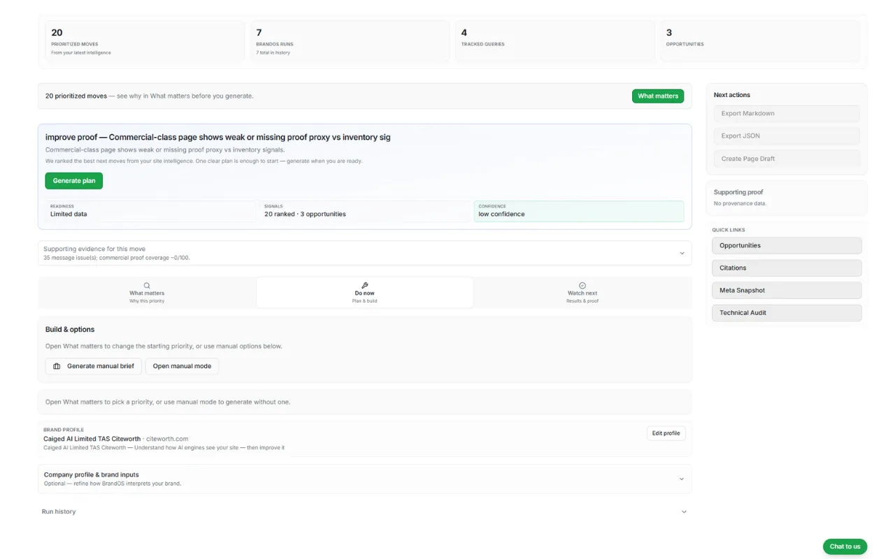 CiteWorth Content Studio workspace showing evidence-backed priorities and generated output options.