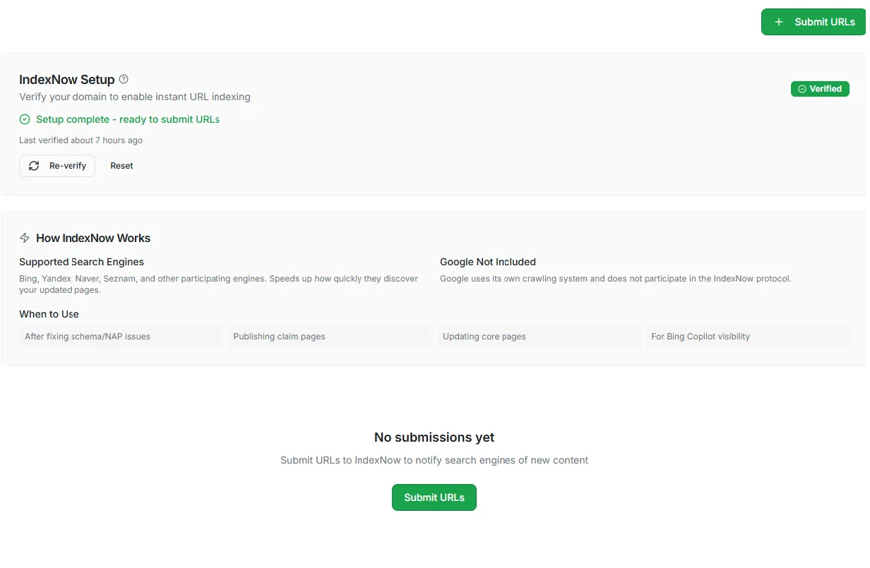 CiteWorth IndexNow submission view showing submitted URLs, ping status and response history.