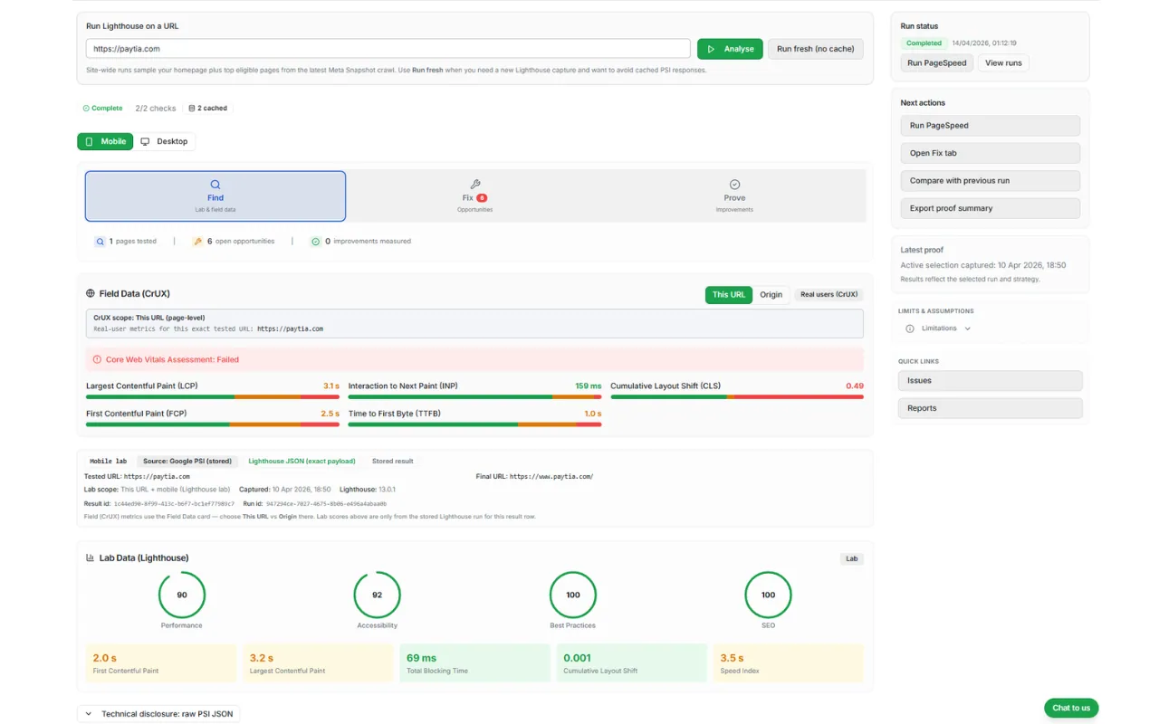 CiteWorth PageSpeed results showing Lighthouse score, Core Web Vitals and per-URL diagnostics.