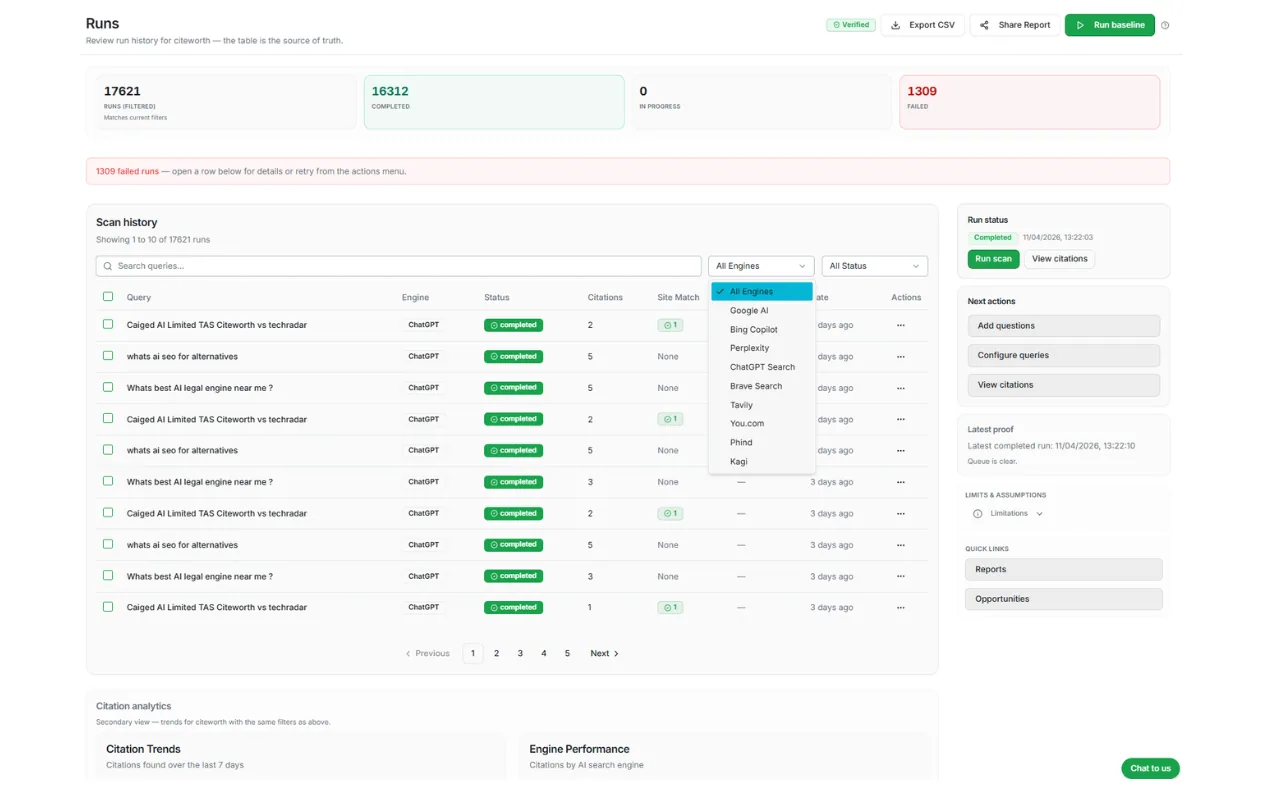 CiteWorth Meta Snapshot results showing fetch and render checks, structured data and indexability signals for a URL.