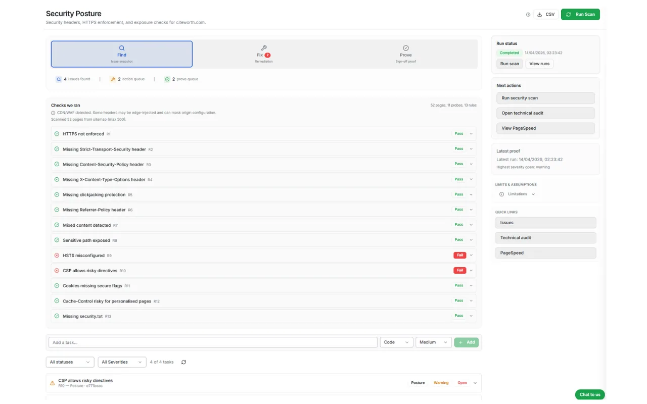 CiteWorth Security Posture dashboard showing header checks, cookie flags, risk severity and recommended fixes.